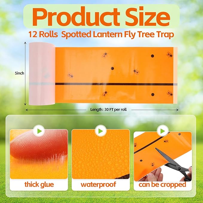 12 Rolls (30 Feet Each) Spotted Lantern Fly Tree Trap Outdoor Fruit Fly Sticky Strips Paper Ant Insect Sticky Barrier Tree Trunk Wraps to Protect Trees Plants, Lawn, Garden(Orange)