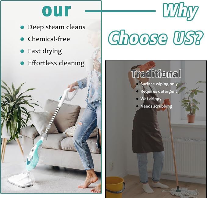 Steam Cleaner for Home, Handheld Floor Steamer Cleaner, Lightweight 12 in 1 Steam Mop Detachable Steamer for Hardwood Floor Tile Couch, 2 Washable Pads, 1550W Deep Cleaning, Green