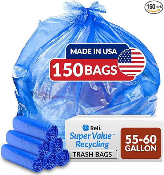 Reli. SuperValue 55-60 Gallon Recycling Bags | 150 Count | Blue Trash Bags | Made in the USA