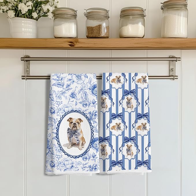 Chinoiserie French Bulldog Kitchen Towels, Blue and White Floral French Bulldog Gifts Dish Tea Towels,Grandmillennial Botanical Dog Hand Towels for Kitchen Bathroom, 16x24 Inch Set of 2