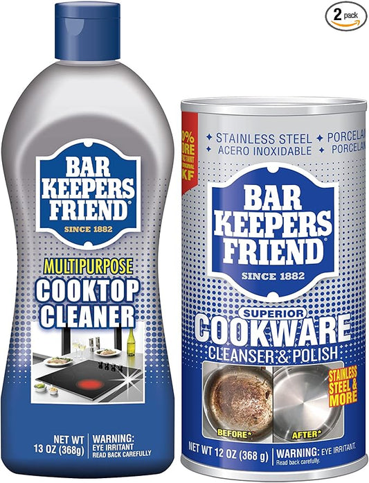 Bar Keepers Friend Cooktop Cleaner (13 oz) Multipurpose Liquid Stovetop Cleanser + Cookware Cleanser & Polish (12 oz) Stainless Steel Cleaner & Degreaser for Pots, Pans, Bakeware & Grills