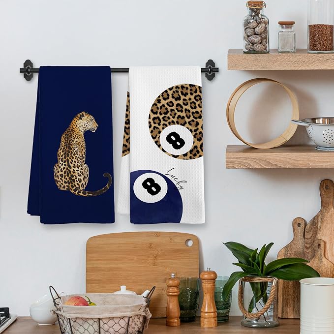 Trendy Leopard Cheetah Print Poker Lucky 8 Ball Bathroom Decor, Preppy Navy Blue Leopard Decor Dish Hand Towels for Bathroom Kitchen Sets of 2, Cheetah Kitchen Towels and Dishcloths,16x24