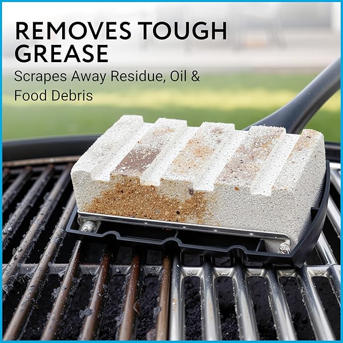 Impresa Pumice Stone Grill Brush - 5 x 2 in Head, 16 in Handle, Pack of 3 Replacement Bricks - Grease Removal BBQ Cleaning Stone - Ergonomic Long Handle Griddle Cleaning Kit - Versatile Grill Scraper
