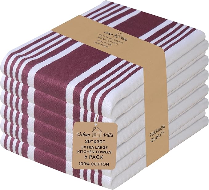 Urban Villa Kitchen Towels 100% Cotton Dish Towels for Kitchen (Set of 6) 20”x30” Dish Cloths Highly Absorbent Kitchen Linen Set with Hanging Loop Perfect for Drying Dishes Cleaning Towels-Wine White