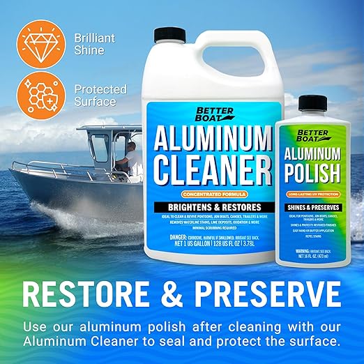 Marine Aluminum Polish, Boat, Pontoon, Jon, and Canoe, Aluminum Restorer, Brightener Cleaner Treatment, Semi-Chrome Metal Protectant