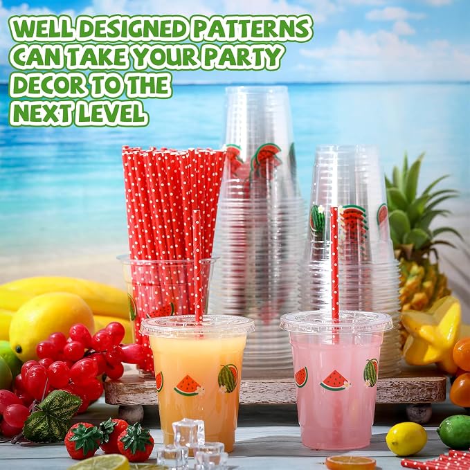 Blushtier 100 Set 12 oz Watermelon Disposable Plastic Cups with Lids and Straws Transparent Orange Watermelon Party Cups for Juice Water Coffee Tea Birthday Summer Fruit Party Supplies