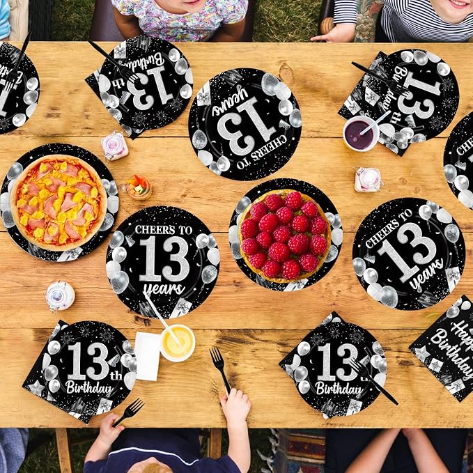 96Pcs 13th Black and Silver Birthday Party Supplies Cheers to 13 Years Plates and Napkins Disposable Happy 13th Birthday Tableware Set for 13 Years Old Graduation Party Serves 24