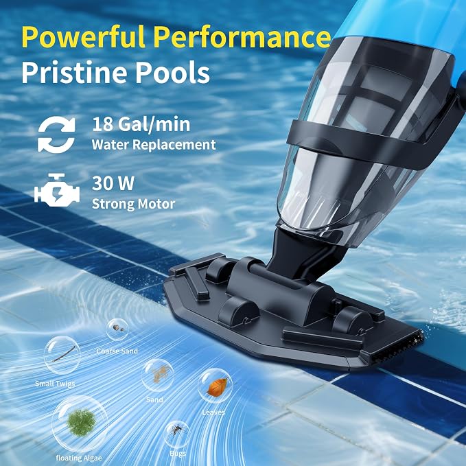 Cordless Rechargeable Pool Vacuum for Above & In-Ground Pools – 18GPM Suction, 90 Min Runtime, Fast 3H Charge, 69" Detachable Pole – Deep Clean for Spa, Hot Tub, Sand, Leaves, Debris (Blue)