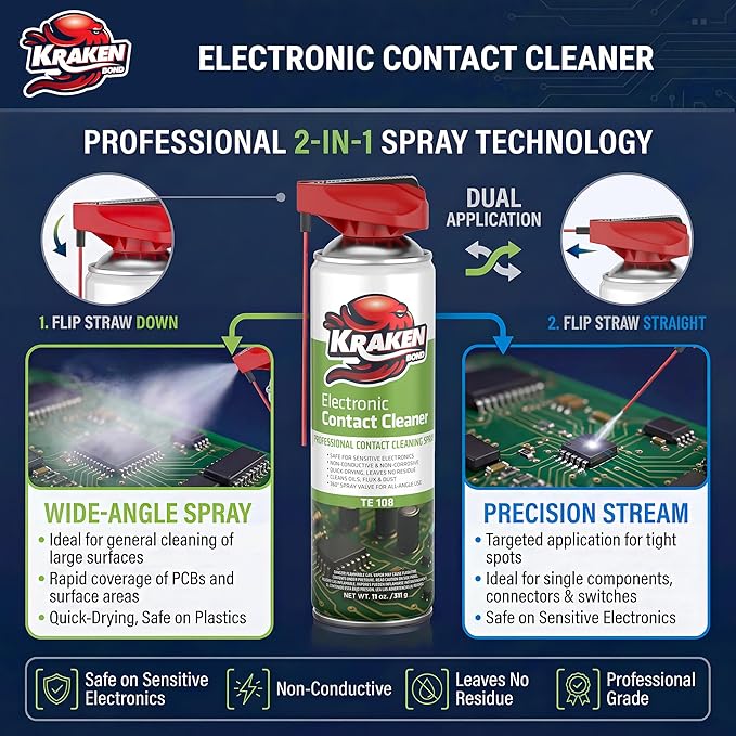 KRAKEN BOND Electronic Contact Cleaner Spray – (1X11 Oz) – Fast-Drying, Residue-Free, Non-Conductive Cleaner for Sensitive Electronics, Automotive, Circuit Boards & Connectors – 1 Pack