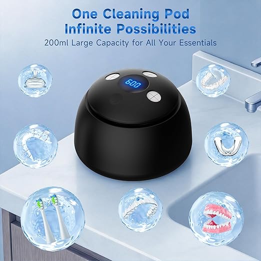 Ultrasonic Retainer Cleaner Machine, 45kHz Denture Dome with UV Light,Dental Cleaning POD for Aligners, Mouth Guards, Night Guards, Toothbrush,Jewelry,200ML Capacity (Black)