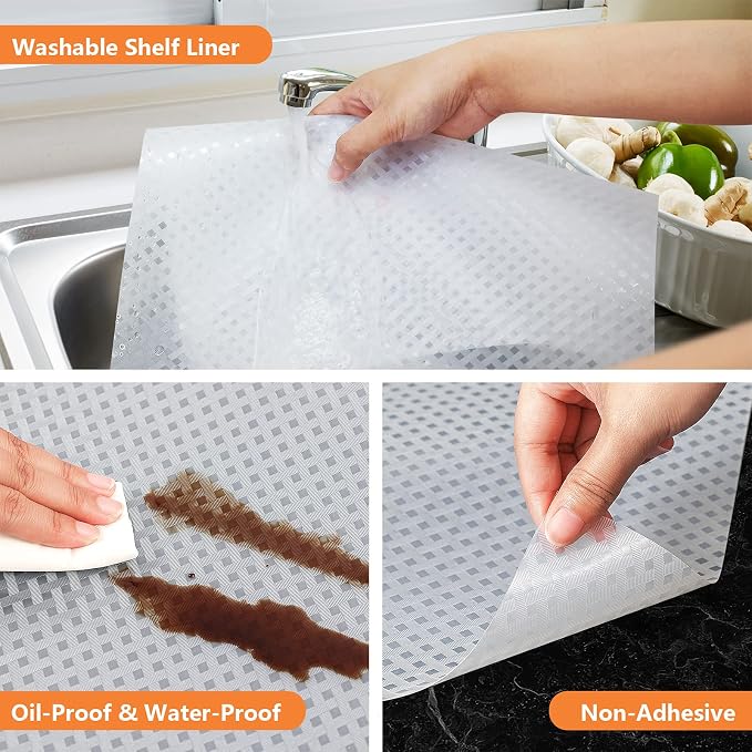 Shelf Liners for Kitchen Cabinets Refrigerator Liners Waterproof & Oil-Proof Kitchen Cupboard Liner Non-Slip Drawer Mats EVA Material Non Adhesive Fridge Liner for Shelves (23.6 x 236.2 inches, Clear)