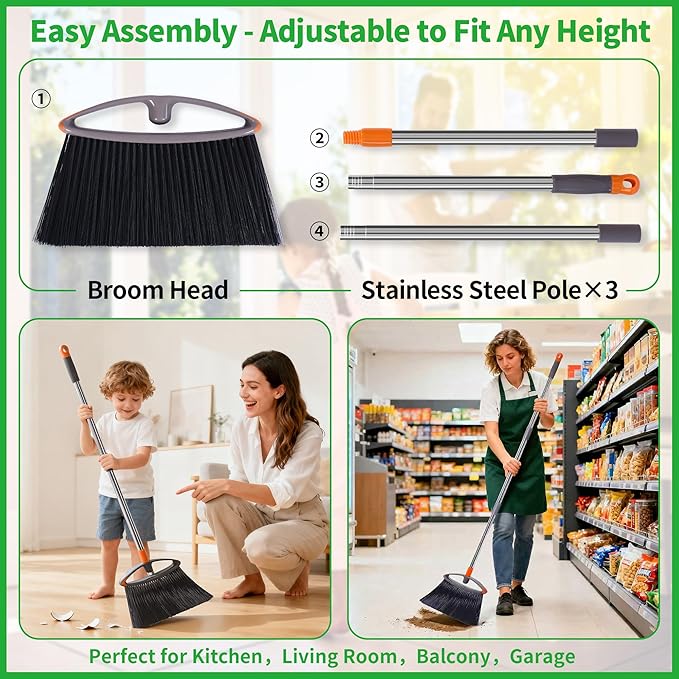 Stiff Bristle Broom for Sweeping Indoor, Heavy Duty Broom with Collapsible Handle, Ideal for Outdoor Hardwood Floors Kitchen Salon Camping Cat Pets Hair Home Room Office, Sturdy and Durable, Gray