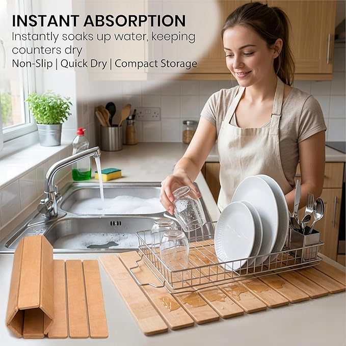 Large Stone Drying Mat 24"x16" – Diatomaceous Earth Stone Dish Drying Mat – Foldable, Ultra-Absorbent & Quick-Drying Countertop Protector for Cups, Plates, Utensils & Cookware - Wood Grain Textured