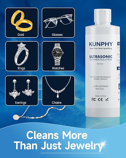 kunphy Sonic Jewelry Cleaner - Effective Solution for Cleaning Gold, Silver, Platinum, Diamonds, and Eyeglasses Watch, 8.5 oz (2 packs)