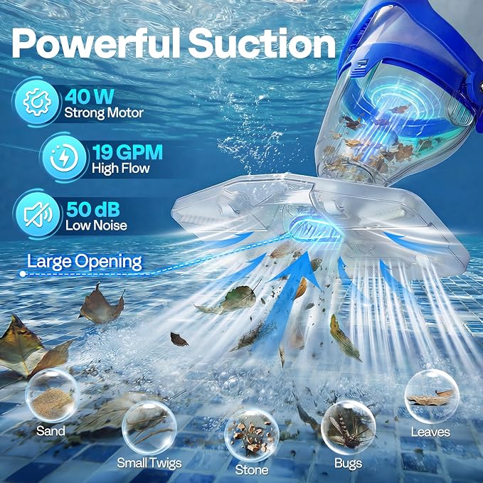VIVOHOME 19.5GPM Handheld Pool Vacuum 75min Runtime 2.6L Filter | Powerful 40W Motor Suction Cordless Cleaner, Adjustable 8.2FT Pole for Above Ground & In-Ground Pools