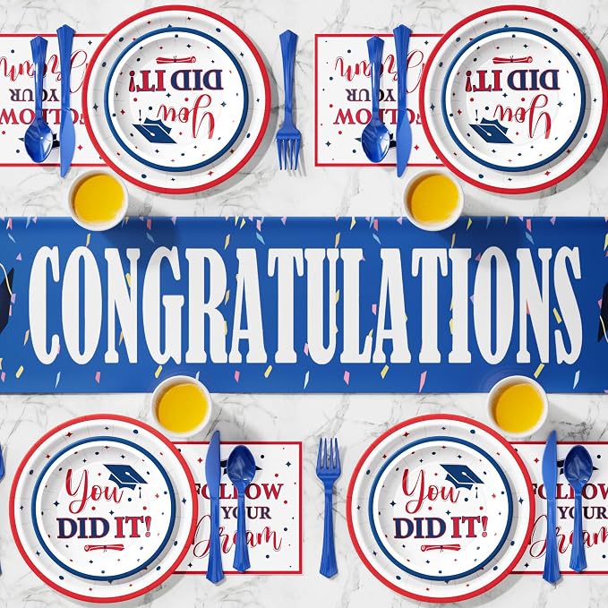 Graduation Decorations Class of 2026, 175 PCS Graduation Party Supplies College High School Grad Decor Disposable Dinnerware (Serve 25) Paper Plates Cup Napkin Fork Knife Spoon ( Red & Blue )