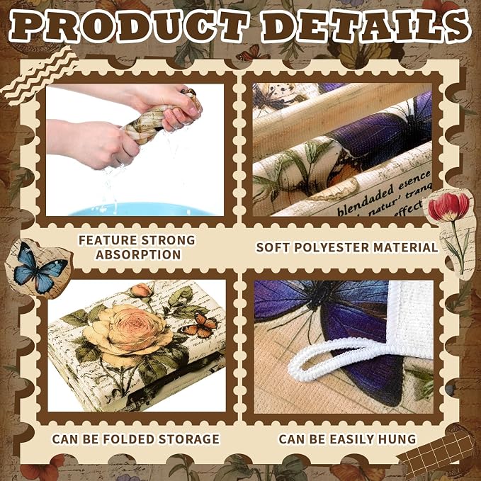 Bencailor 16 Pcs Summer Kitchen Towels Floral Butterfly Hand Dish Towels Vintage Flower Tea Dishcloths for Summer Holiday Kitchen Bathroom Home Decor Gifts, 16 x 24 Inch