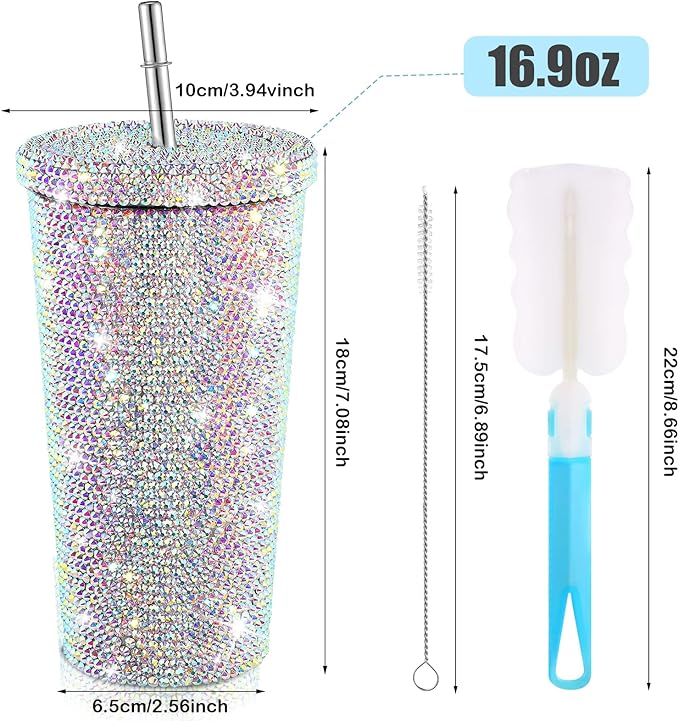 Mimorou Studded Bling Diamond Tumbler Glitter Water Bottle with Lid Stainless Steel Vacuum Thermal Straw Rhinestone Tumbler with 1 Pcs Cup Brush 6 Pcs Straw Brushes for Women(16.9 oz,AB Color)