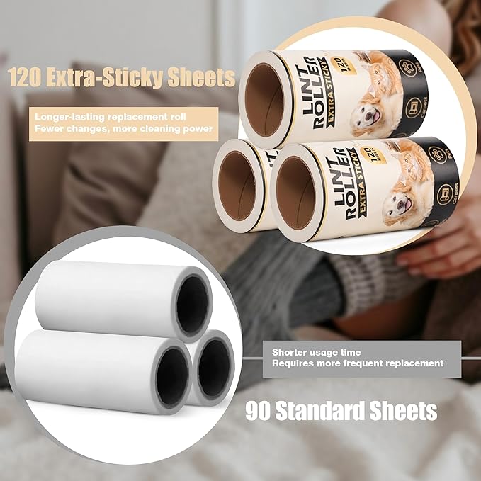 Extra Sticky Lint Roller Refills Only (No Handle Included), 10 Pack – 1200 Sheets Total, Pet Hair Remover Refills for Clothes, Furniture & Couch, Dog & Cat Hair, Animal Fur & Lint, Easy-Tear Sheets