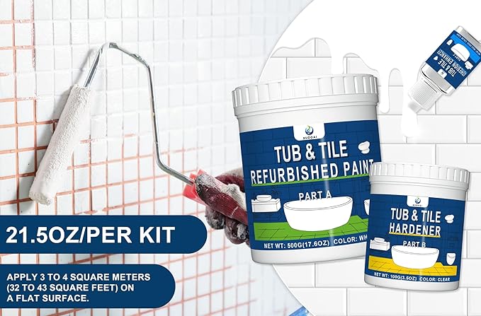 XUDOAI Bathtub Refinishing Kit Gloss White 21.5oz Tub Paint Reglazing, Tub and Tile Refinishing Kit with Tools, Paint for Bathroom/Kitchen/Shower/Porcelain/Sink/Ceramic