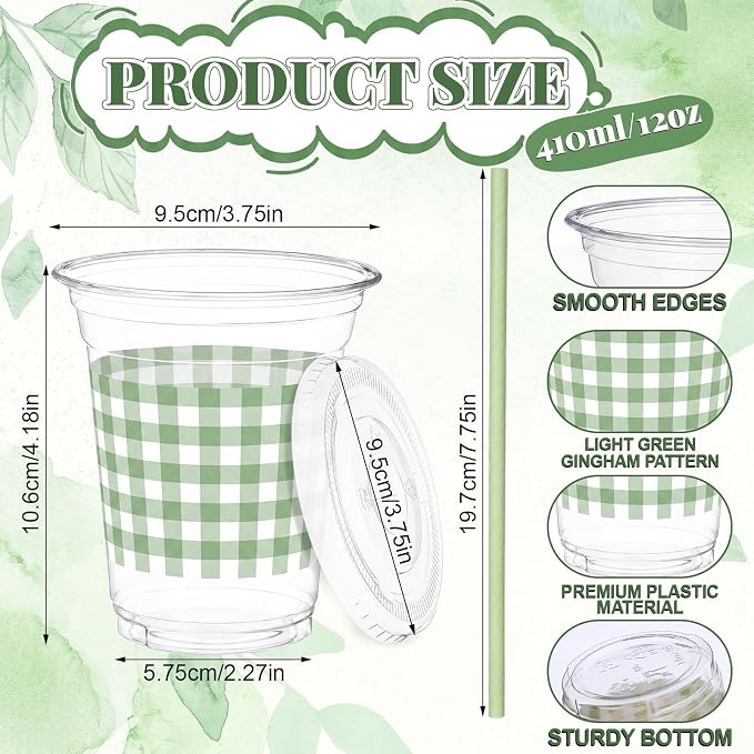 Domensi 25 Sets Sage Green and White Gingham Plastic Cups with Lids and Paper Straws 12oz Checkered Party Disposable Cups Bulk Drinking Cup for Cold Drinks Baby Shower Wedding Birthday Party Supplies