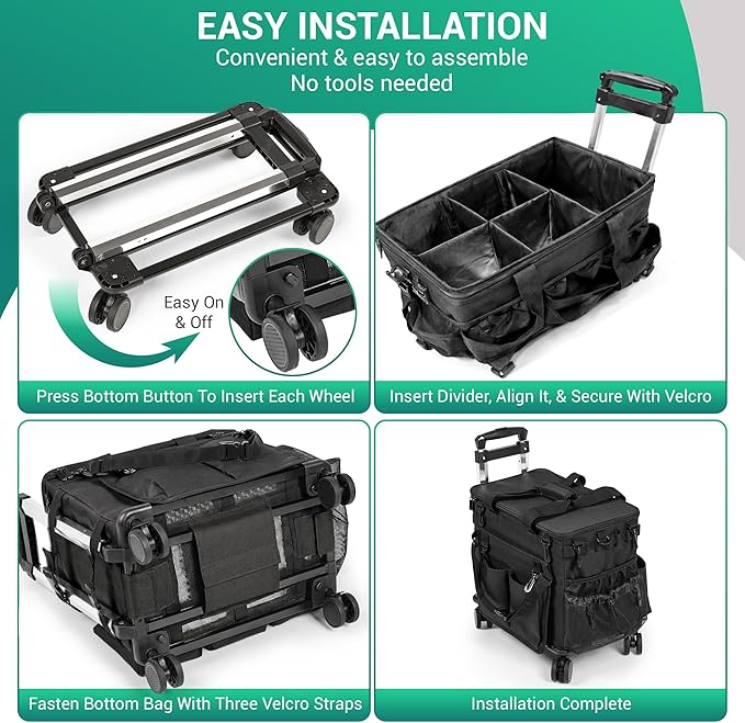 Large Rolling Cleaning Caddy Bag w/Detachable Trolley & Lid - Portable Cleaning Cart on Wheels w/Shoulder Strap & Waist Pouch - Cleaning Supplies & Tool Organizer for Home, Office, Car (Black)