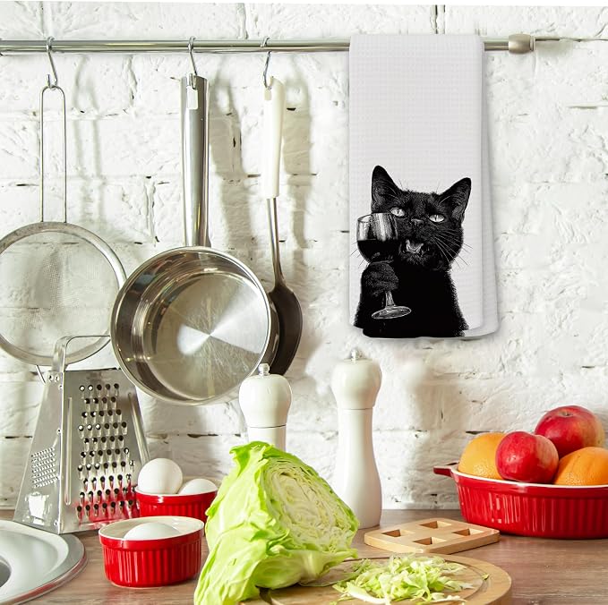 Funny Black Cat Wine Kitchen Towels, Gifts for Dog Wine Lovers, Bar Accessories Dish Tea Towels for Kitchen, Dog Owners Housewarming Gift Decorative Hand Towel 16x24 Inch