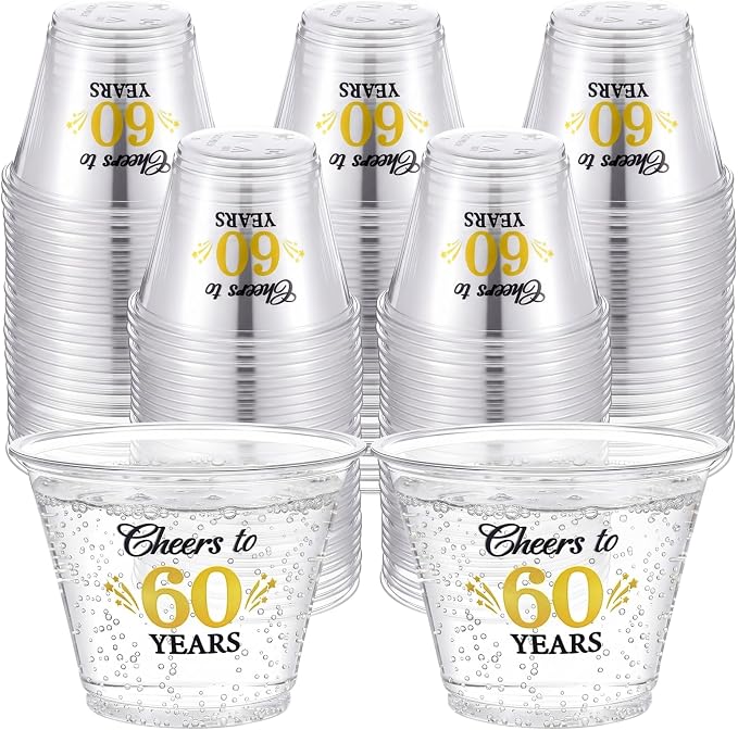 LemonRoad 100 Pack 60th Birthday Cup 9 oz Cheers to 50 Years Birthday Disposable Clear Plastic Cocktail Cups Hot Cold Beverage Drinks for Men Women Wedding Anniversary Decorations Party Favors