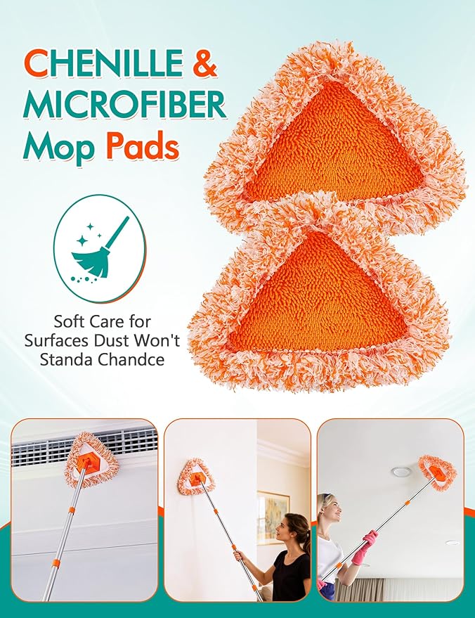 Ceiling Fan Cleaner Duster with 76" Extendable Long Handle,180° Wall Mop Cleaner for Walls/Ceiling Fan/Dust/Baseboard/Floor/Blade Blinds/Doors Clean,Feather Duster Cleaning Kit