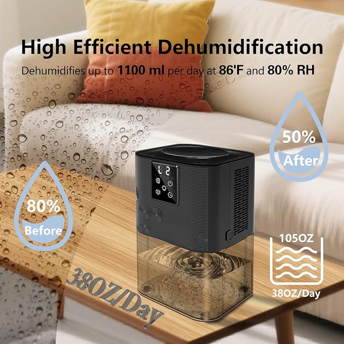 MTOX Dehumidifier, 3L/105oz Water Tank, 1100ml/Day, Dehumidifier for Bathroom Bedroom Basement RV, Ultra-Quiet 28dB Sleep Mode, Auto Shut-Off, Auto Defrost, 7-Color LED Light, Digital Display (Black)