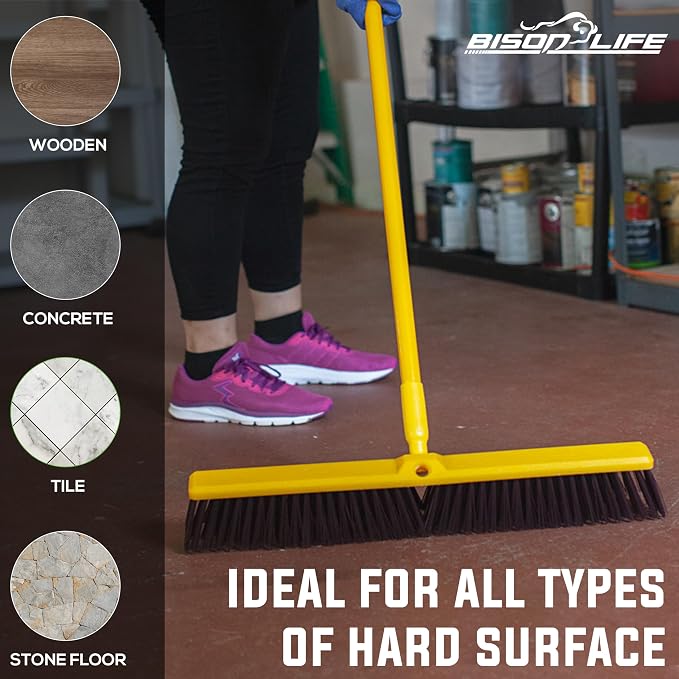 BISON LIFE BIS-WB-09-1 Multi Surface Push Broom Heavy-Duty Floor Sweep Broom, Black