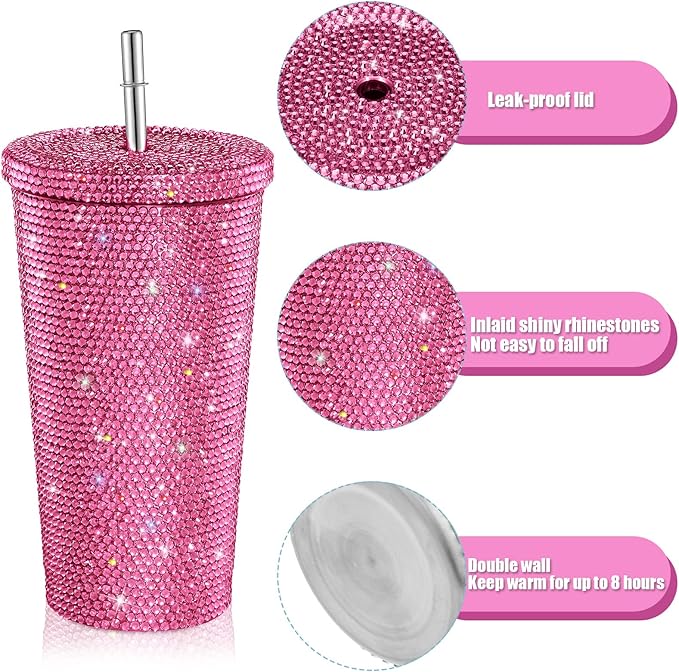 Mimorou Studded Bling Diamond Tumbler Glitter Water Bottle with Lid Stainless Steel Vacuum Thermal Straw Rhinestone Tumbler with 1 Pcs Cup Brush 6 Pcs Straw Brushes for Women(16.9 oz,Pink)