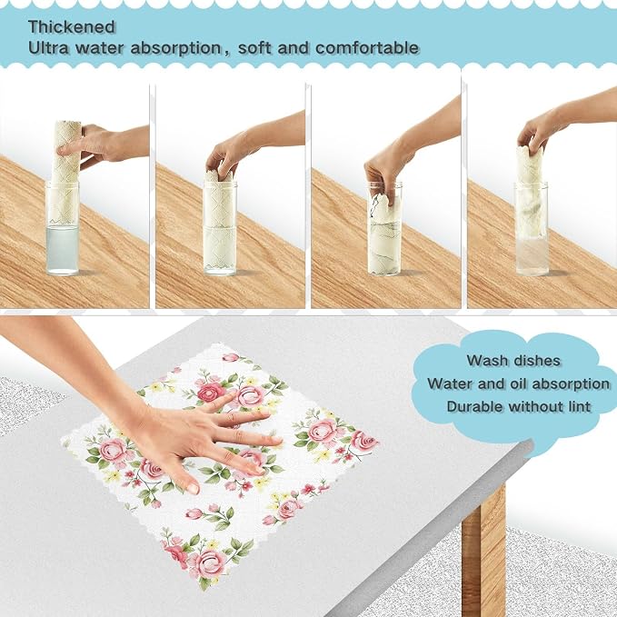 senya Kitchen Dishcloths, Pink Rose Flower Floral Cloth Dish Towels 6 Pack Super Absorbent Dishtowels Reusable Cleaning Cloths