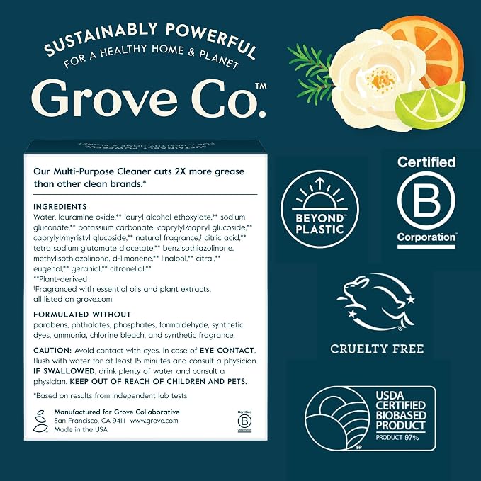 Grove Co. Multi-Purpose Cleaner Refills & Glass Bottle, Orange & Rosemary | 2 refills and 1 Reusable Glass Bottle; Plant-based; No plastic waste; Ammonia & chlorine free; No Harsh Chemicals
