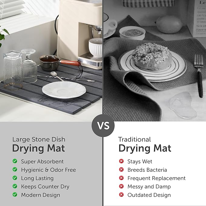 Large Stone Dish Drying Mat for Kitchen Counter, Quick Dry Stones Dishes Mats,Stone Drying Mat for Kitchen Counter, Water Absorbing Diatomaceous Earth Drying Mat (Dark Gray 24"×16" & 8"x4")