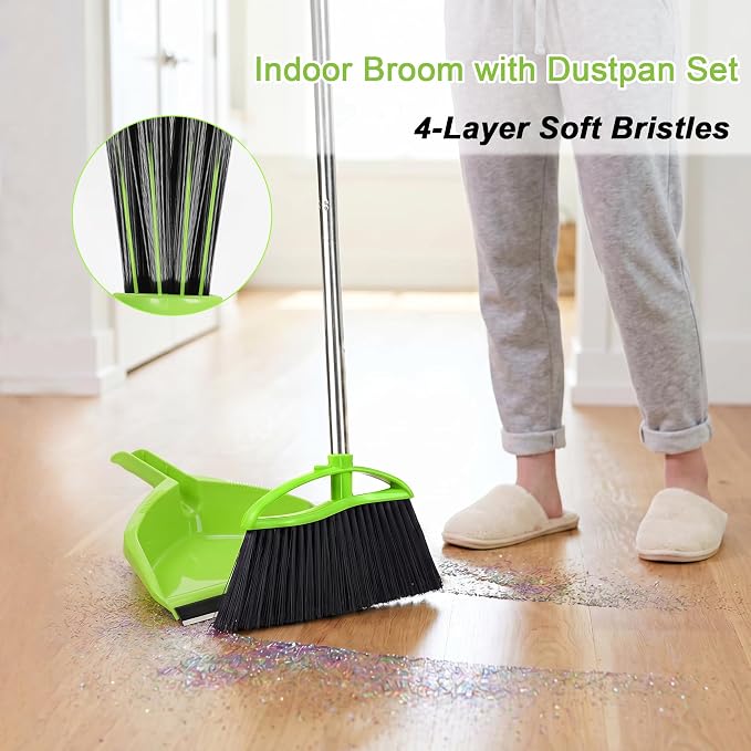 Soft Bristle Broom and Dustpan Combo Set, Long Handle Indocor Broom with Dustpan Set for Kitchen Hardwood Room Office and All Household Floor Cleaning (Green)
