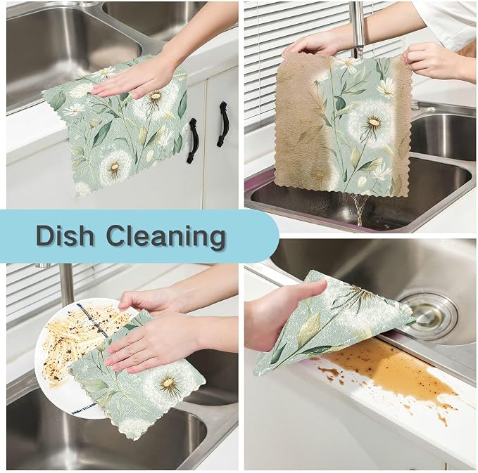 Sage Green Dandelion06 Kitchen Towels Dish Cloths Set of 6 Microfiber Cleaning Cloths for Cars Super Absorbent Machine