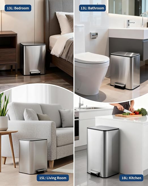 GarveeHome 4.8 Gallon Trash Can, Rectangular Stainless Steel Waste Bin with Quiet Foot Pedal, Soft-Close Lid & Removable Bucket, Silver Garbage Can for Office, Small Kitchen, Home