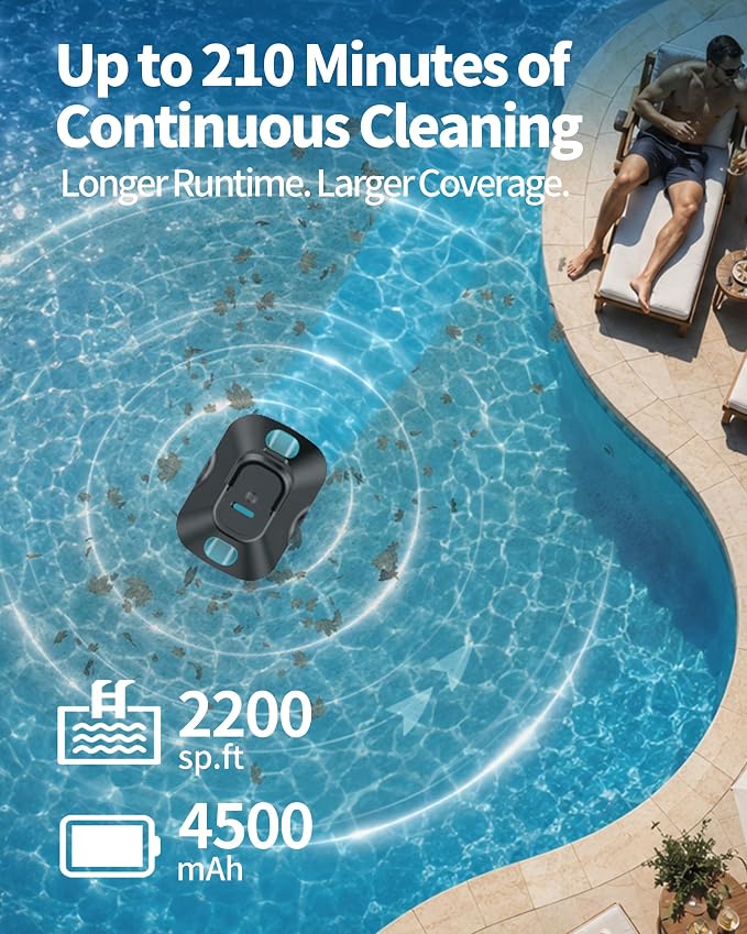 Robotic Pool Cleaner,Cordless Automatic Pool Cleaner with 210-Min Runtime,Pool Vacuum for Above Ground & Inground Pools,Coverage up to 2200 Sq.Ft,Easy Retrieve,Smart Parking,Light Teal