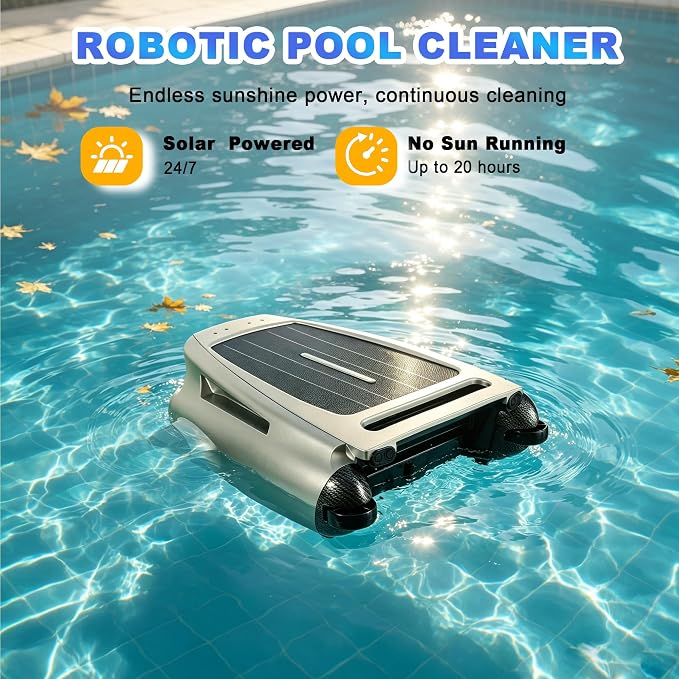 Solar Powered Robotic Pool Skimmer, Automatic Pool Surface Cleaner Robot with App Control,24/7 Continuous Cleaning, Dual Charging, Ideal for Above Ground & In-Ground Pools (Silvery