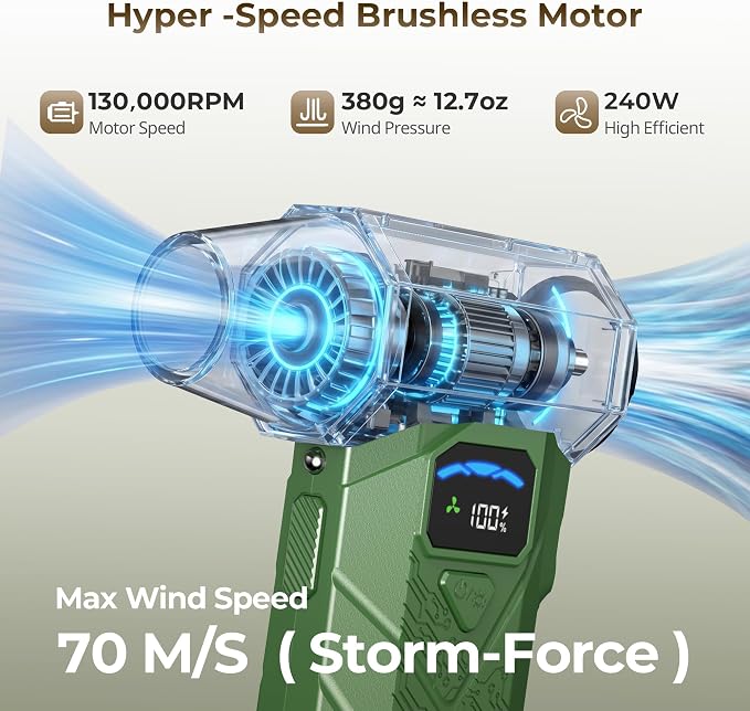 Compressed Air Duster, 130000RPM High-Speed Electric Air Duster with Smart LED Display & Stepless Speed Control, Rechargeable Cordless Air Blower for PC Keyboard, Car & Home Cleaning (Green)