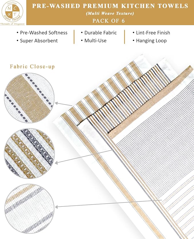 Pack of 6 Cotton Kitchen Towels Set, Dish Towels, Cleaning Rags, Kitchen Dish Cloths for Washing Dishes, Cotton Cleaning Cloths, Ultra Soft, Lightweight & Quick Dry, Flat Weave, 28"x18" (Beige & Gray)
