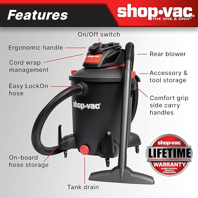 Shop-Vac 5761011 10 Gallon Wet/Dry Shop Vacuum, 4.5 Peak HP, 1.5 Inch Diameter x 7 Foot Hose, 12 Foot Cord, Ideal for Home, Garage, and Workshop Cleaning