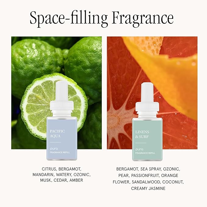 Pura Home Fragrance Device Starter Set - Pura 4 - Scent Diffuser for Home - Includes Fragrance Aroma Diffuser - Square Box, Pacific Aqua and Linens & Surf Scent Refills