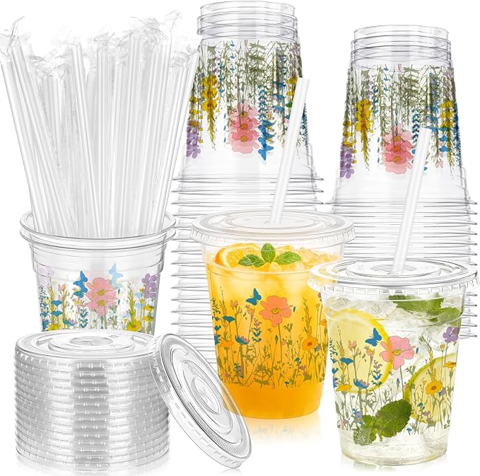 Vesici 100 Pcs Floral Plastic Cups 12 oz Floral Botanical Clear Spring Disposable Cups with Lid and Straws for Spring Summer Birthday Wedding Bridal Baby Shower Party Supplies(Wildflower Butterfly)