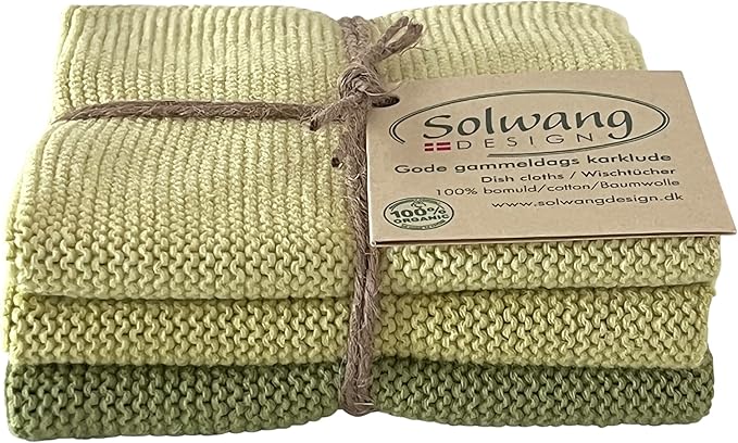 Solwang 3-Piece Danish Cotton Dishcloths in 100% Certified Organic Cotton Made in India (Pistachio Organic Combi)