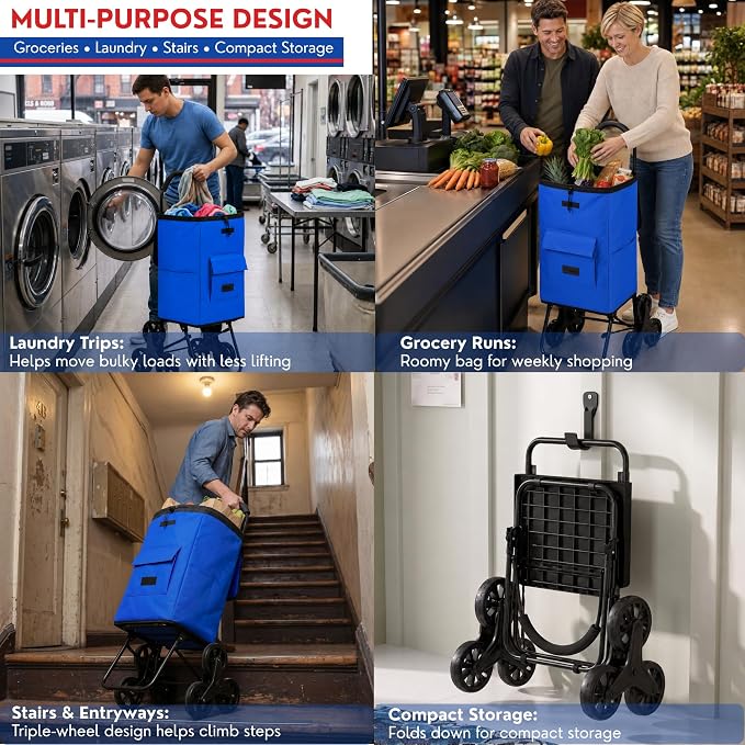 Shopping Cart, Super Loading Stair Climber 220 lbs Capacity, Grocery Foldable Trolley with Extra Large Shopping Bag Laundry Utility Cart with Adjustable Bungee Cord, blue