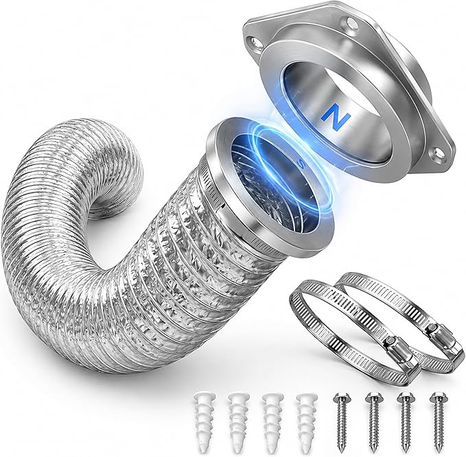 Magnetic Dryer Vent Connector Kit, Quick-Connect 4 Inch Dryer Vent for Tight Laundry Rooms, Save Up to 3–6 Inches of Space, Strong Magnetic Hold, Airtight Seal, Includes 3.3FT Aluminum Hose & 2 Clamps