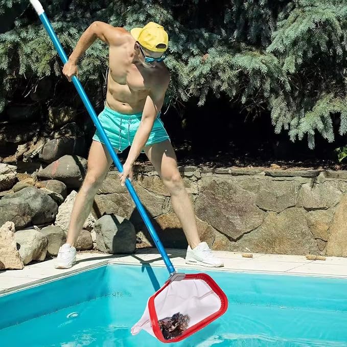 Professional Swimming Pool Skimmer, Heavy Duty Leaf Rake with Aluminum Frame, Anti-Rip Nylon Net Bag for Cleaning Twigs Wet Leaves