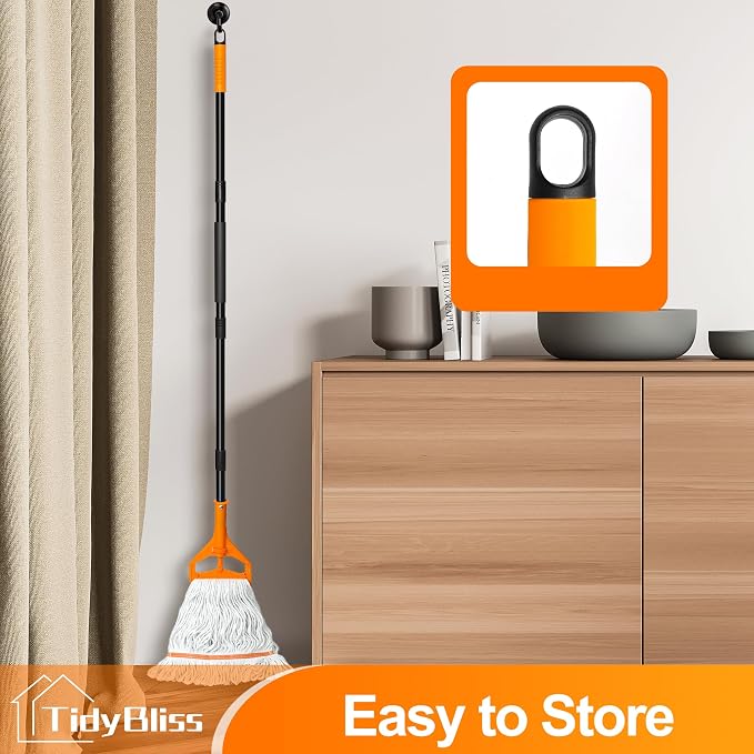 TidyBliss Commercial Mop Heavy Duty, 55 inches Long Handle Large Looped-End Industrial String Floor Cleaner, Professional Dry Wet Cotton Cleaning Tool for Concrete Tile Hardwood Office Garage (Orange)